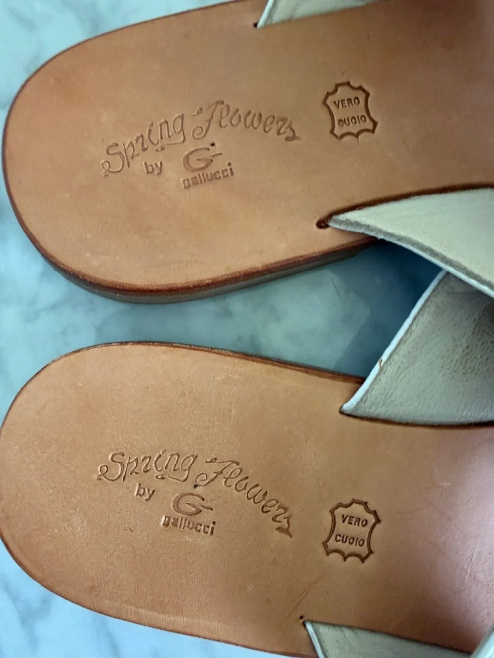Gallucci White Slides with Blue Floral Applique